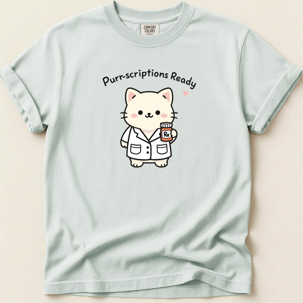 Cat wearing lab coat holding a medicine bottle with "Purr-scriptions Ready" text.