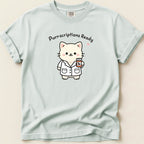 Cat wearing lab coat holding a medicine bottle with "Purr-scriptions Ready" text.