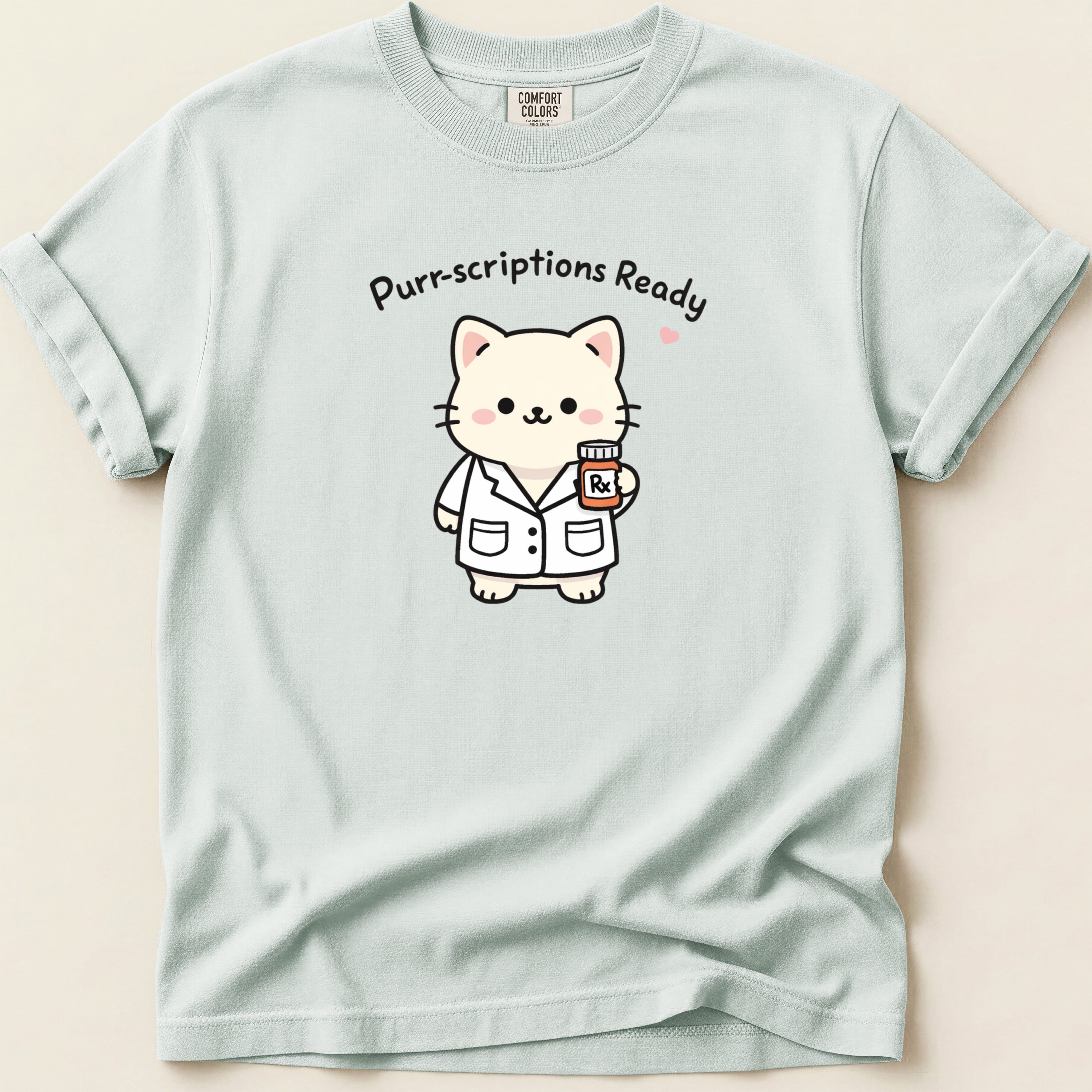 Cat wearing lab coat holding a medicine bottle with "Purr-scriptions Ready" text.