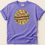 Purple t-shirt with "Pharmacy Technician Rx" in a retro circular graphic.