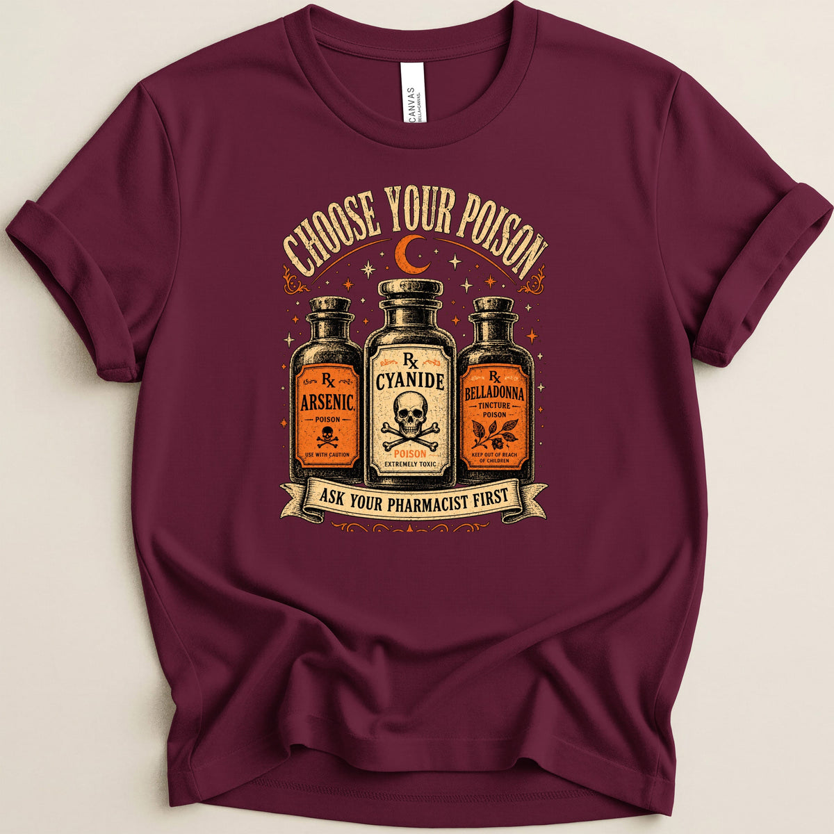 Maroon t-shirt with vintage poison bottles labeled Arsenic, Cyanide, and Belladonna.