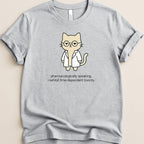 Gray t-shirt with cartoon cat wearing glasses and lab coat, text.