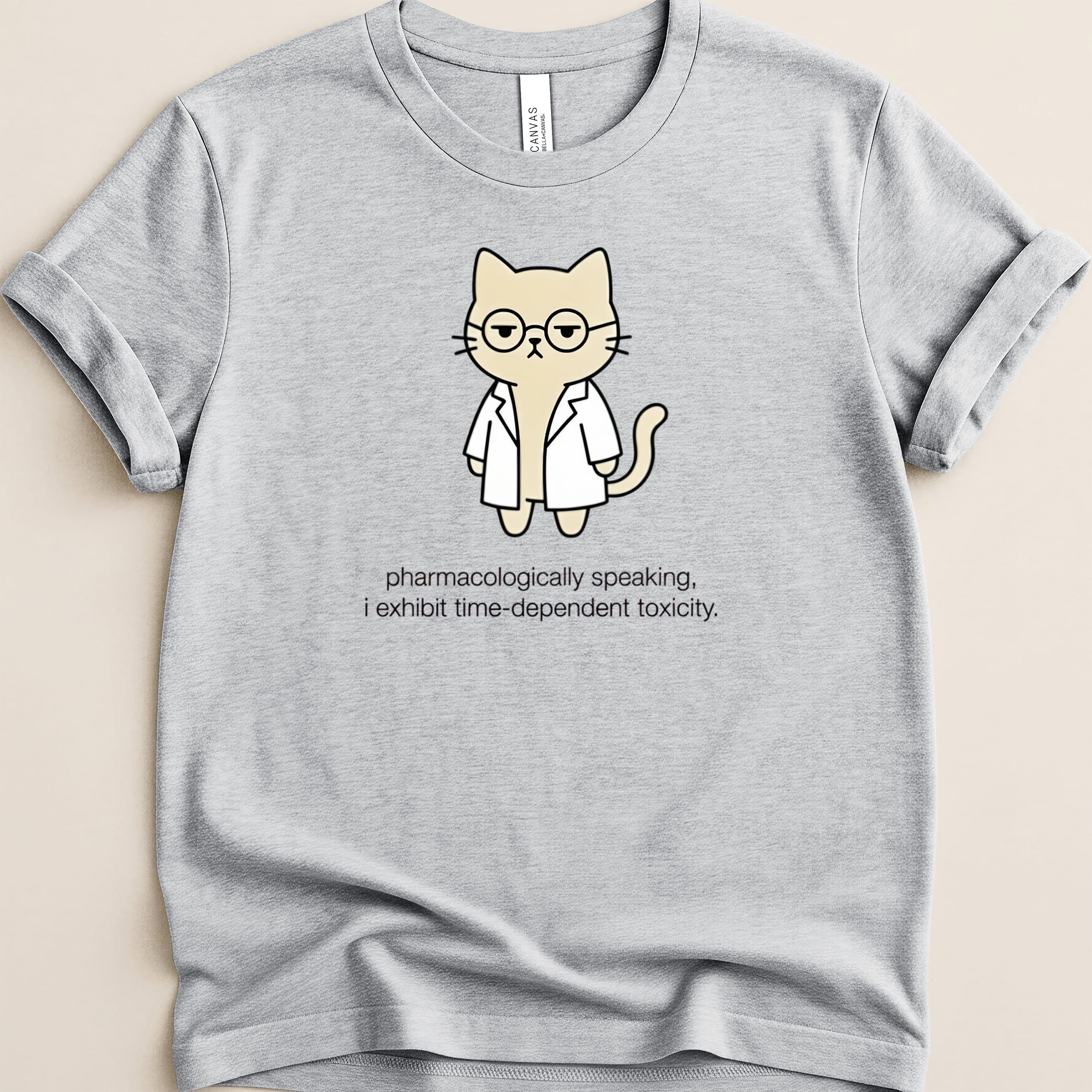 Gray t-shirt with cartoon cat wearing glasses and lab coat, text.