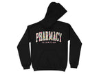 Black hoodie with "PHARMACY TECHNICIAN" text in colorful floral pattern.