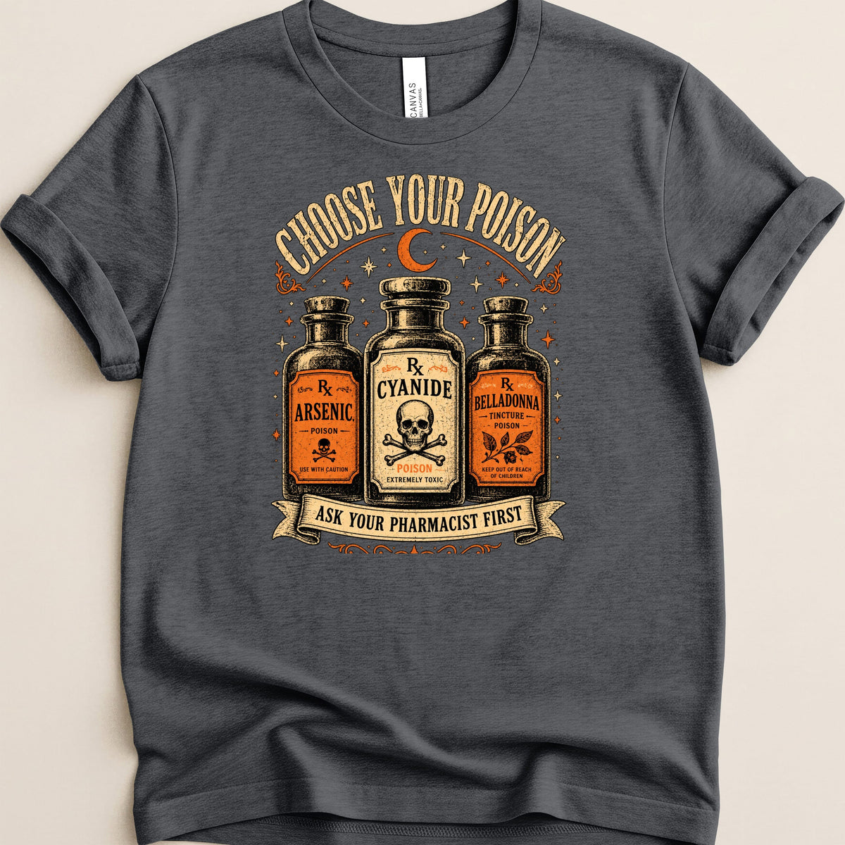 T-shirt graphic with vintage poison bottles labeled Arsenic, Cyanide, and Belladonna.