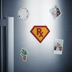 Superhero RX symbol sticker and photos on a refrigerator.