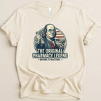 Benjamin Franklin in a pharmacist's smock, "The Original Pharmacy Legend."