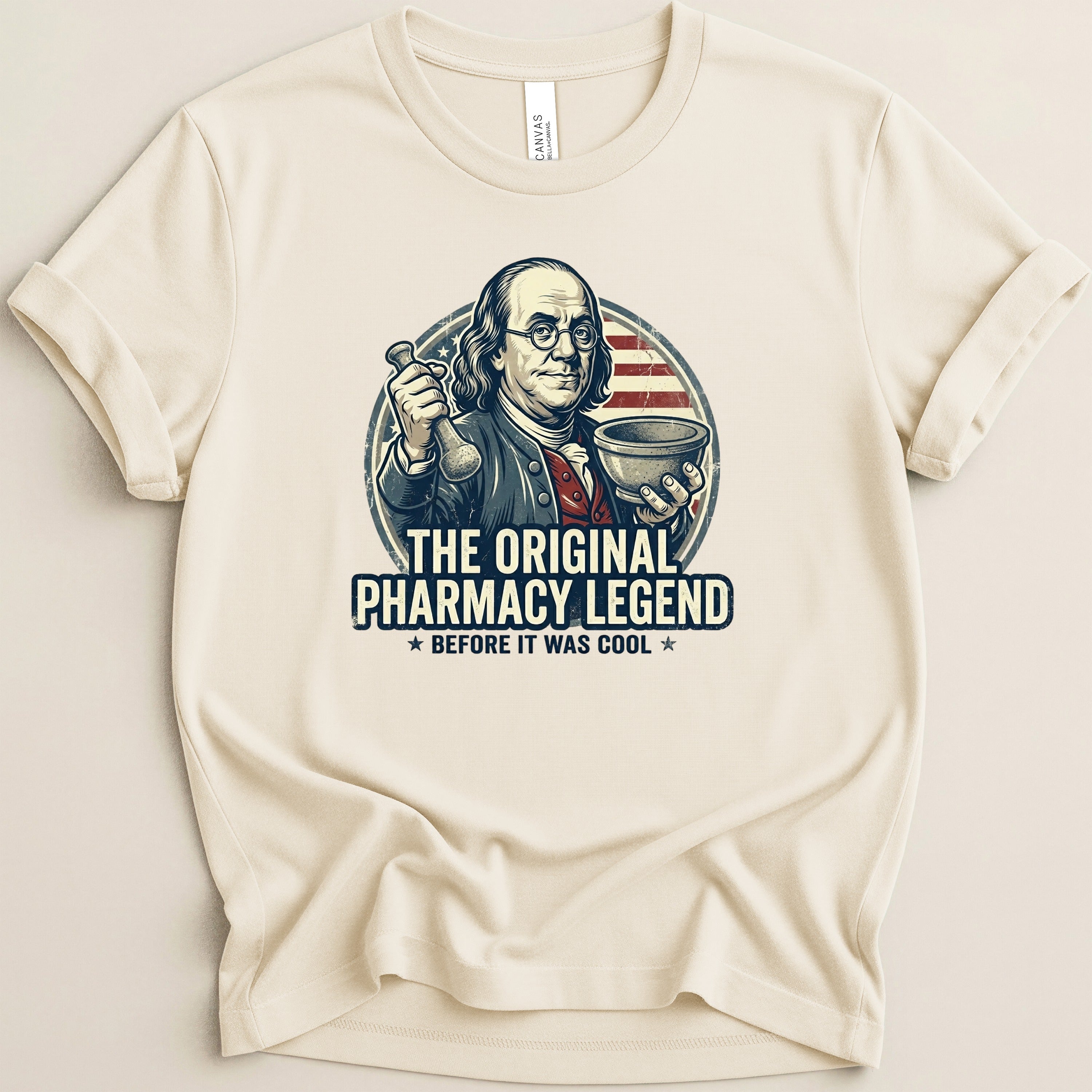 Benjamin Franklin in a pharmacist's smock, "The Original Pharmacy Legend."