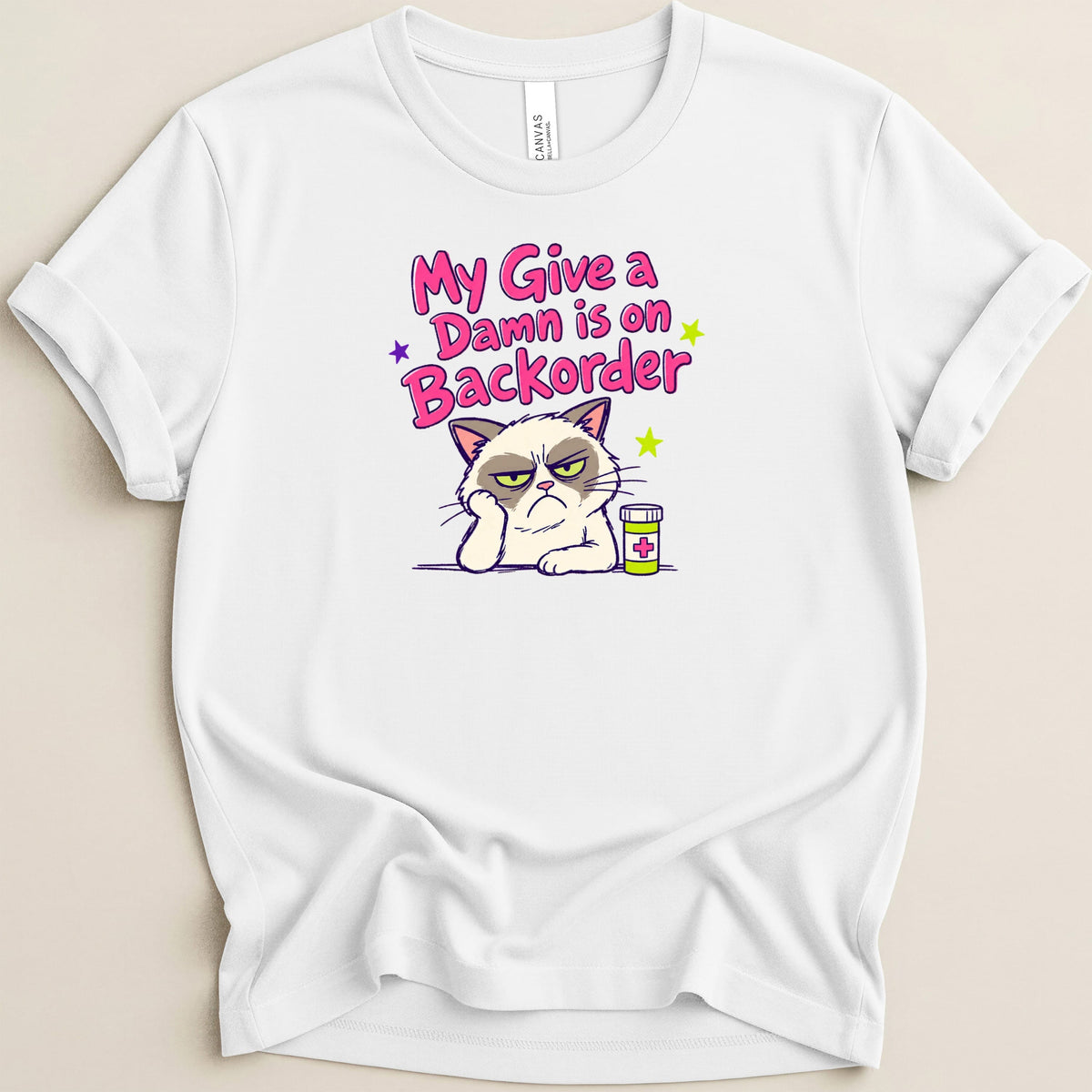 White t-shirt with grumpy cat graphic and "My Give a Damn is on Backorder" text.