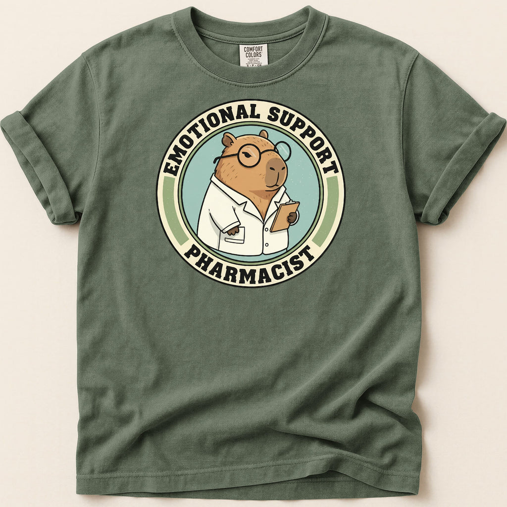 Green t-shirt with pharmacist graphic reading "Emotional Support Pharmacist."