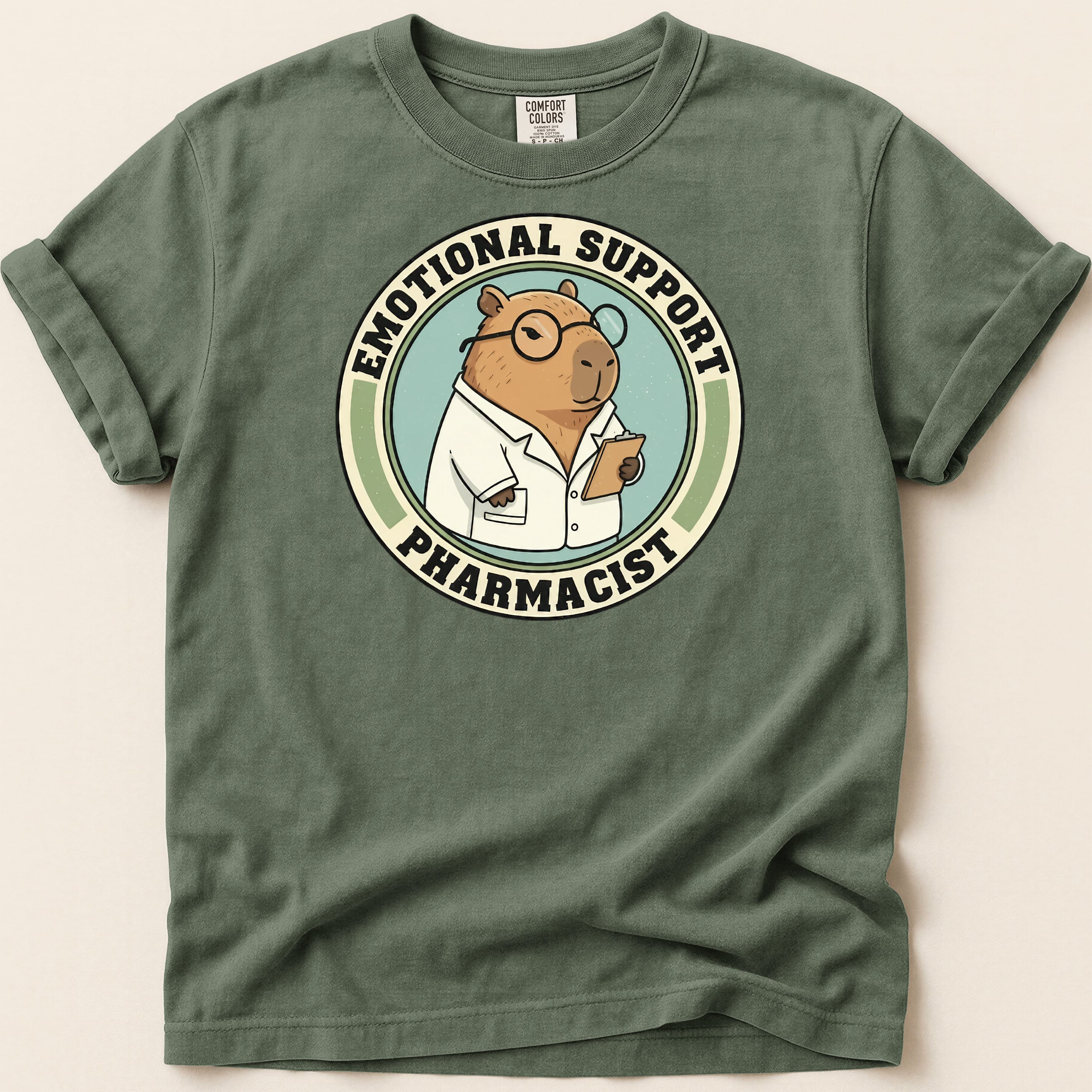 Green t-shirt with pharmacist graphic reading "Emotional Support Pharmacist."