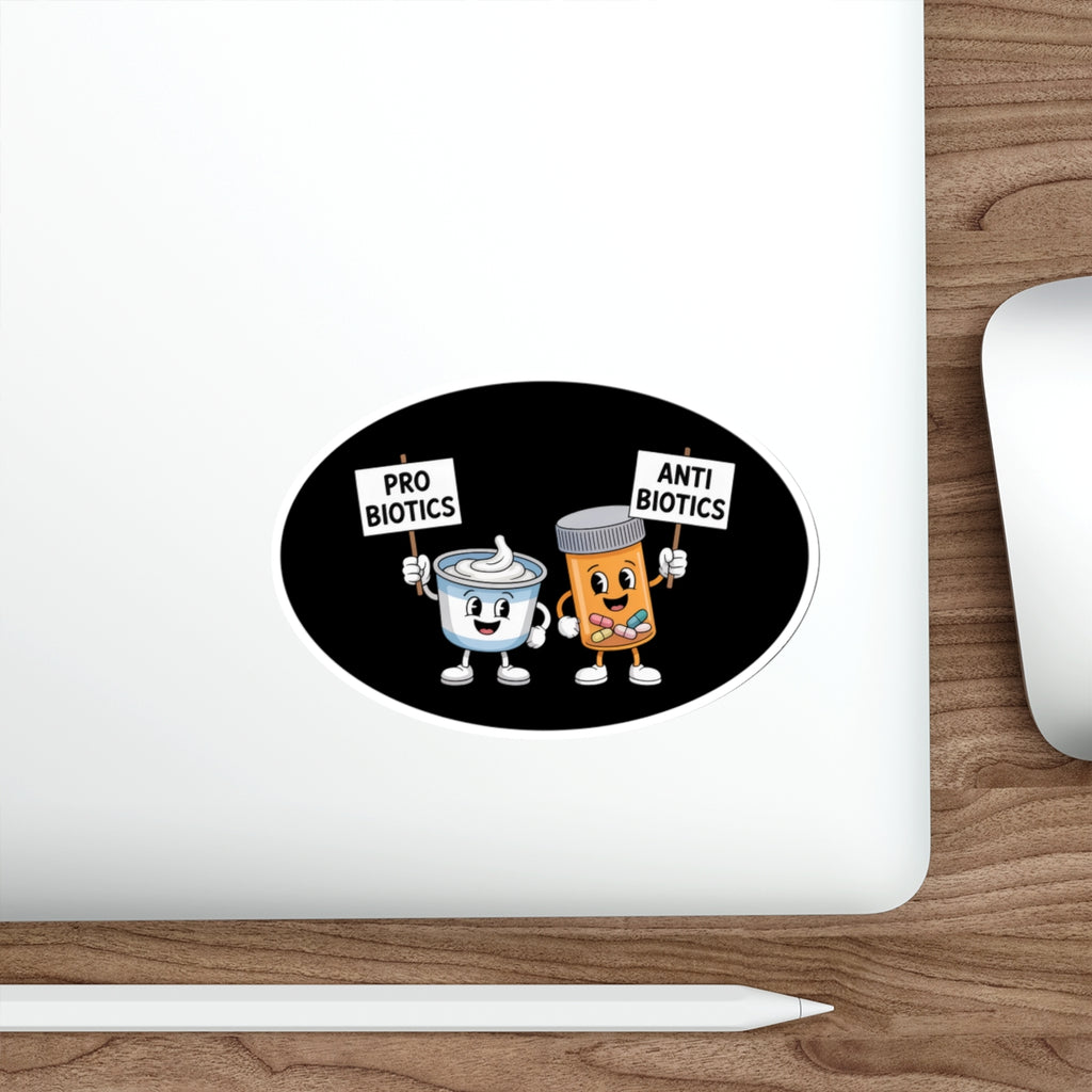 Two cartoon characters, Probiotics and Antibiotics, hold signs on a laptop.