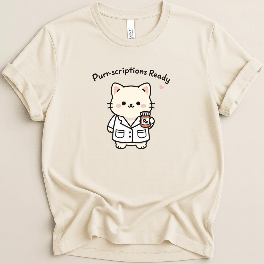 T-shirt with a cartoon cat wearing a lab coat holding a prescription bottle.