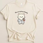 T-shirt with a cartoon cat wearing a lab coat holding a prescription bottle.
