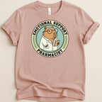 Capybara wearing a lab coat and glasses holds clipboard, "Emotional Support Pharmacist" text.