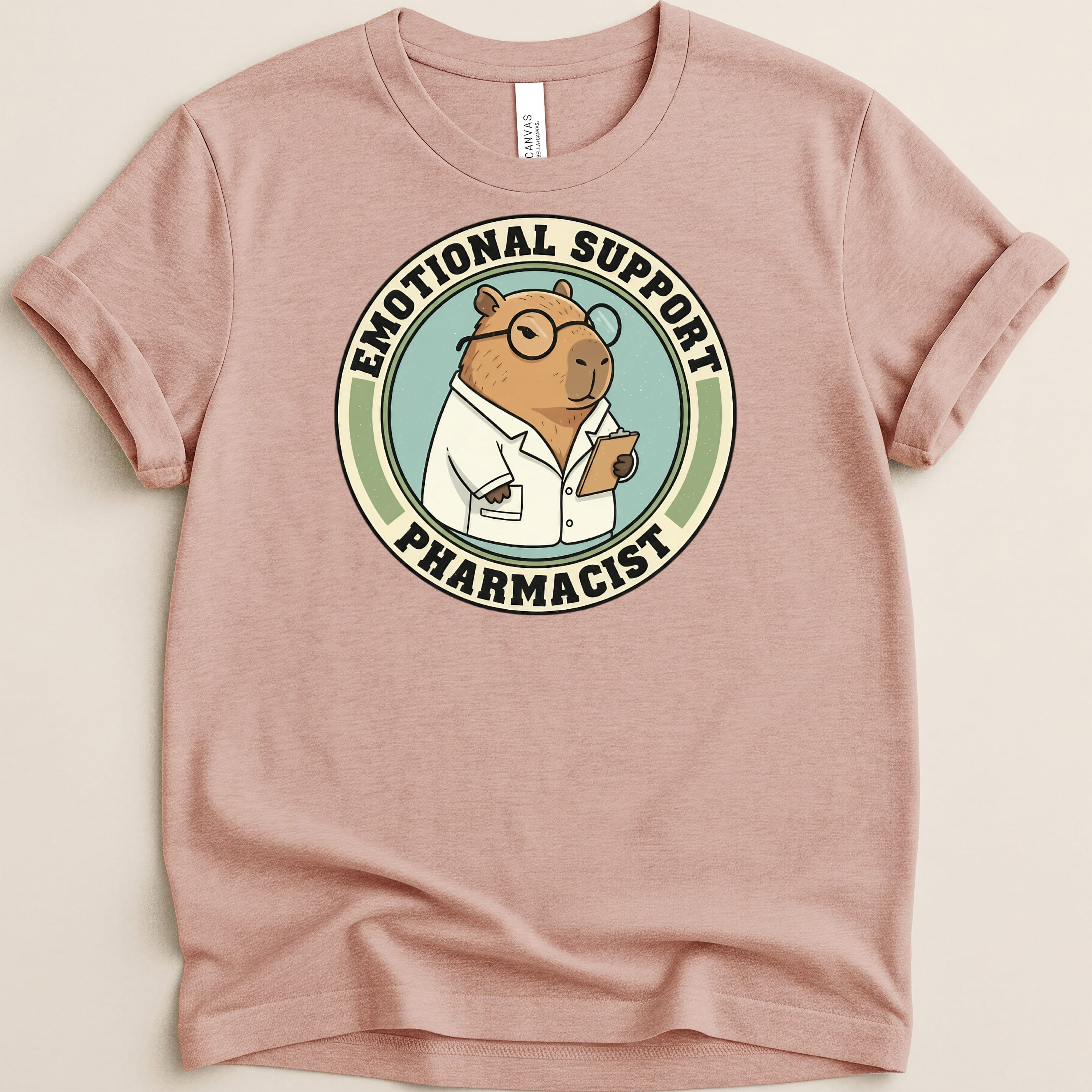 Capybara wearing a lab coat and glasses holds clipboard, "Emotional Support Pharmacist" text.