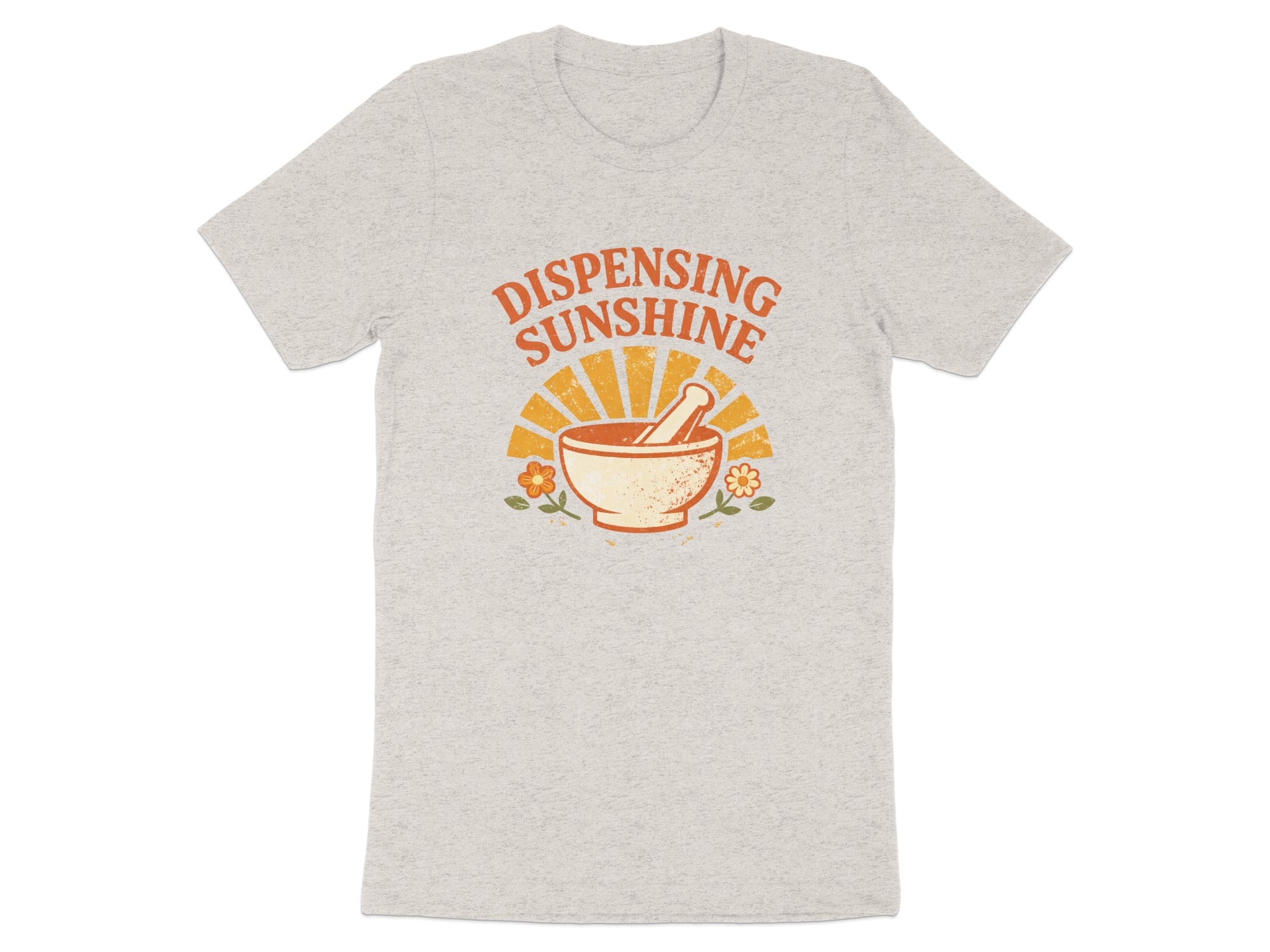 Grey t-shirt with "Dispensing Sunshine" text and a mortar and pestle graphic.