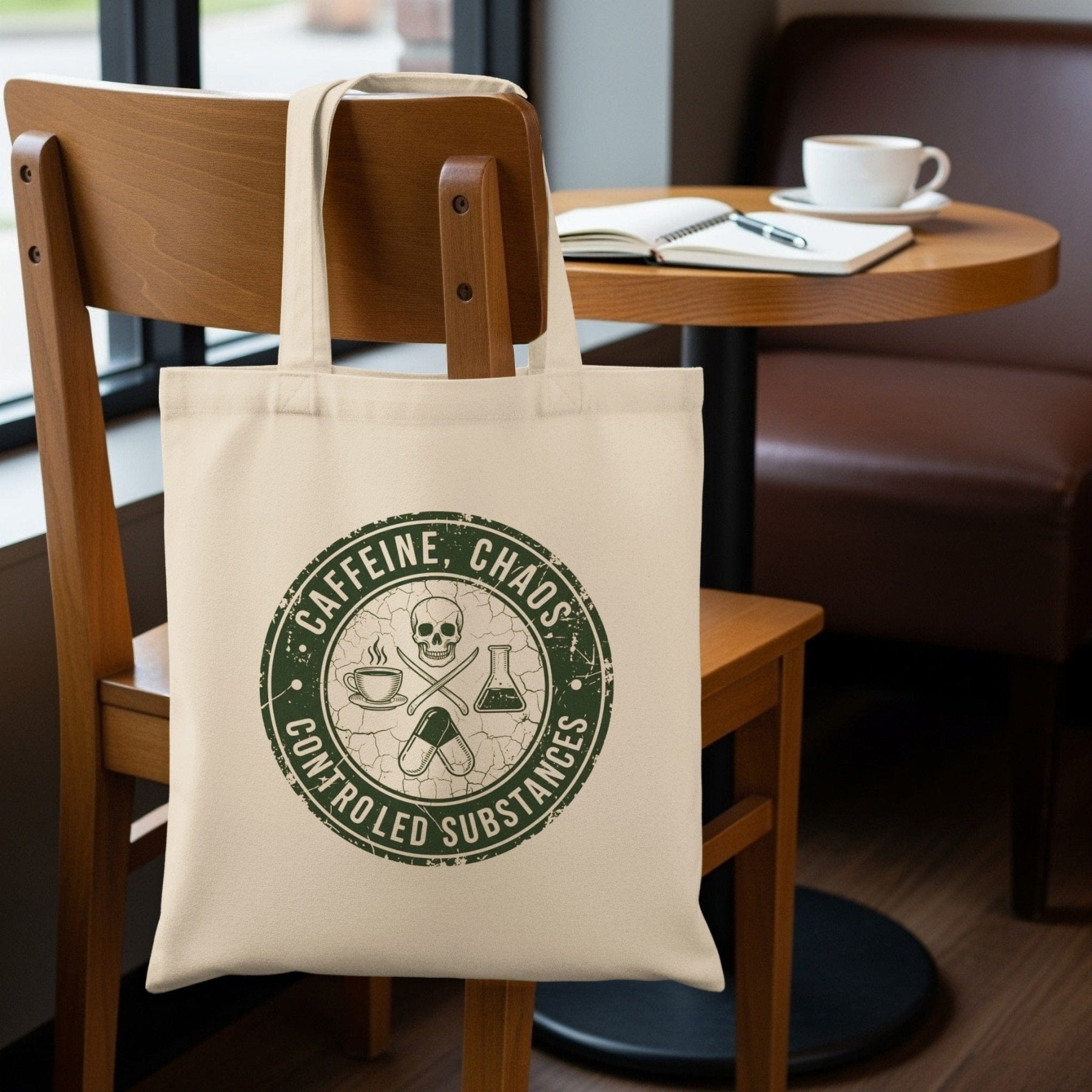Caffeine, Chaos & Controlled Substances Tote Bag - Pharmacy Apparel for Pharmacists, Techs & Students