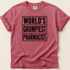 Red t-shirt with black text "World's Grumpiest Pharmacist."
