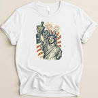 Statue of Liberty holding mortar and pestle with fireworks and US flag background.