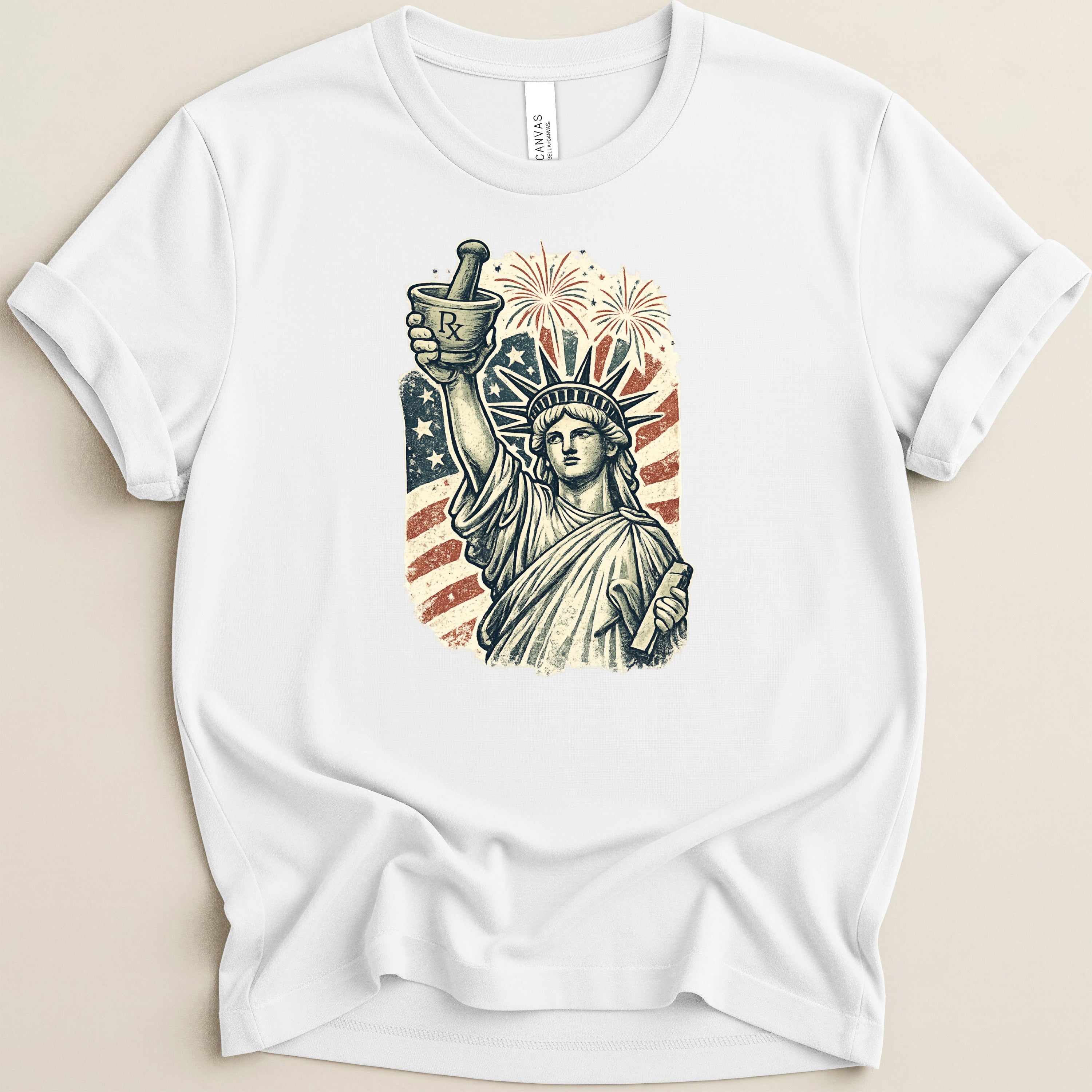 Statue of Liberty holding mortar and pestle with fireworks and US flag background.
