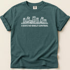 Teal t-shirt with white graphic of pill bottles and text "I HAVE NO SHELF CONTROL".