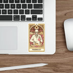 Tarot card illustration of a skeleton in a pharmacist's coat holding a flask and mortar.