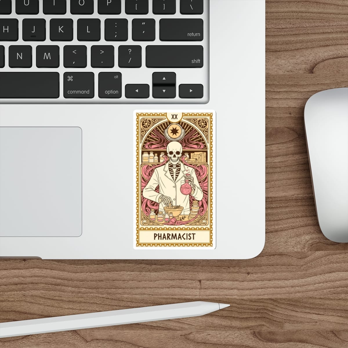 Tarot card illustration of a skeleton in a pharmacist's coat holding a flask and mortar.