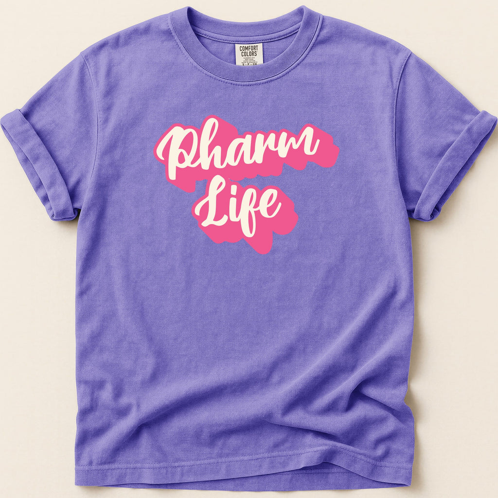 Purple t-shirt with "Pharm Life" in pink bubble lettering.