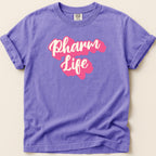 Purple t-shirt with "Pharm Life" in pink bubble lettering.