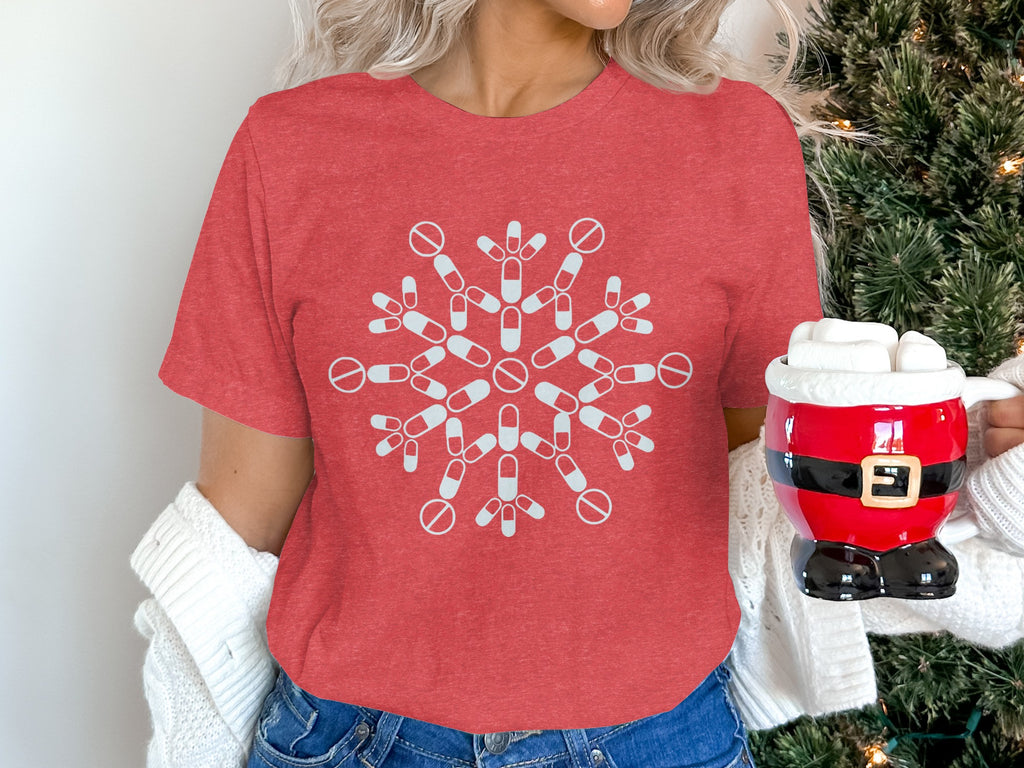 Festive Snowflake Christmas Red Short Sleeve Apparel