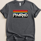 Dark gray t-shirt with a black rectangle containing "PHARMD" in white, set against colorful horizontal stripes.