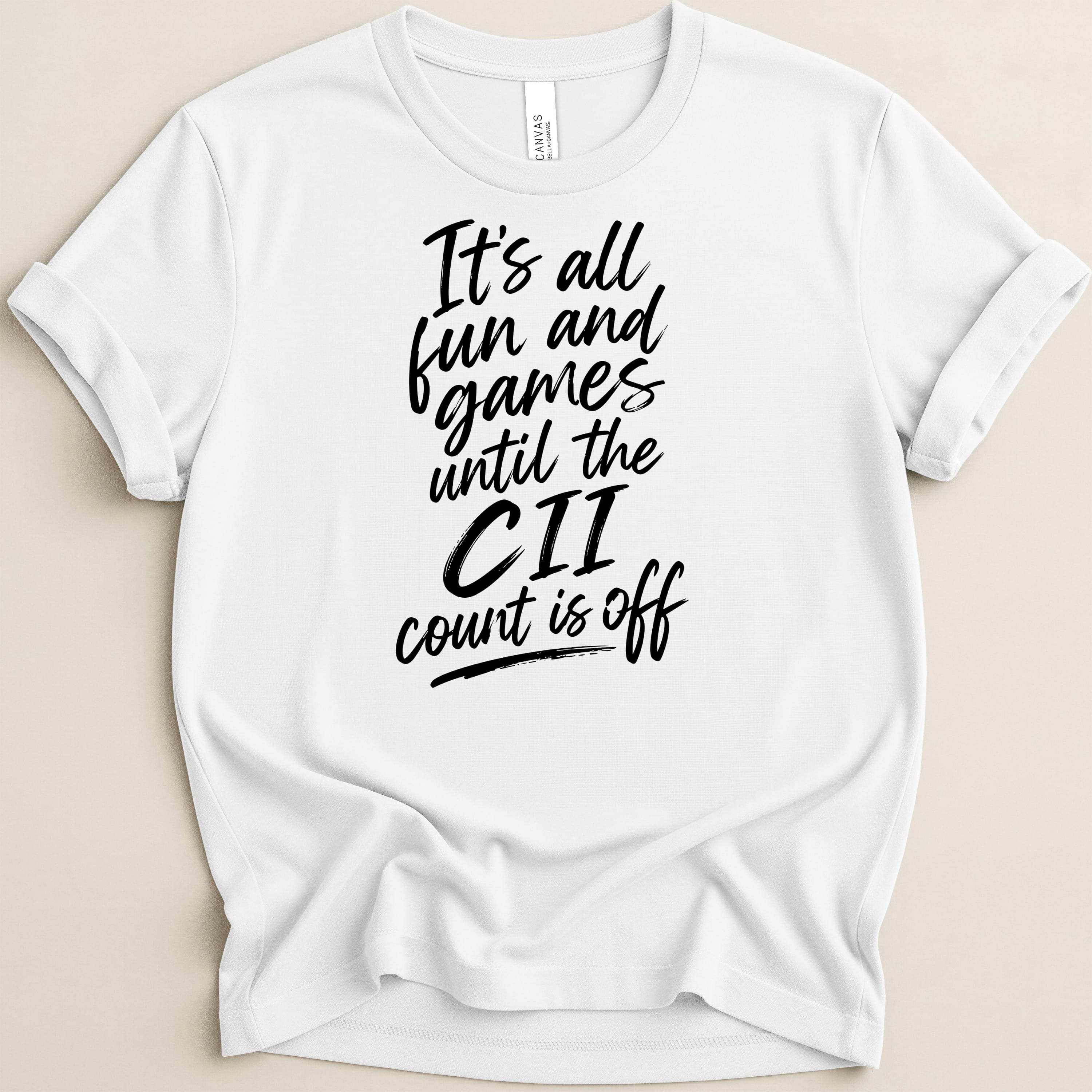 White t-shirt with black text reading "It's all fun and games until the CII count is off."