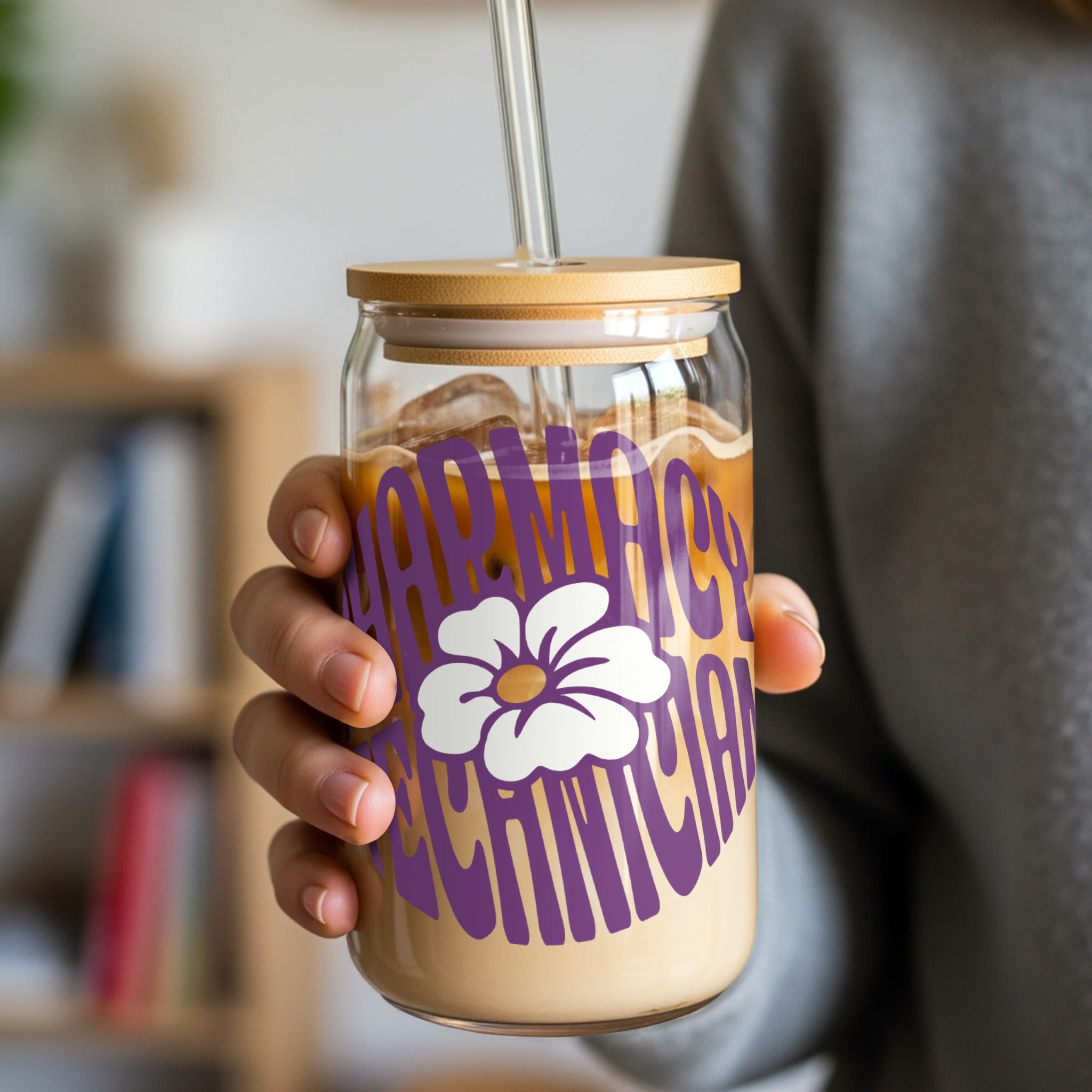 Glass tumbler with "Pharmacy Technician" text and a floral design.