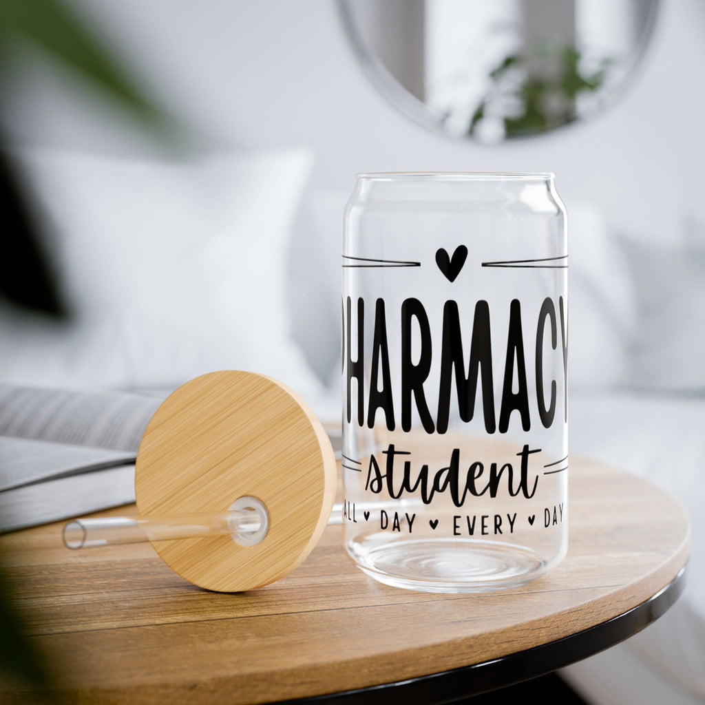 Clear glass can-shaped cup with "Pharmacy Student" text and bamboo lid.