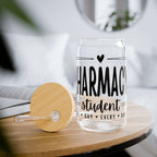Clear glass can-shaped cup with "Pharmacy Student" text and bamboo lid.