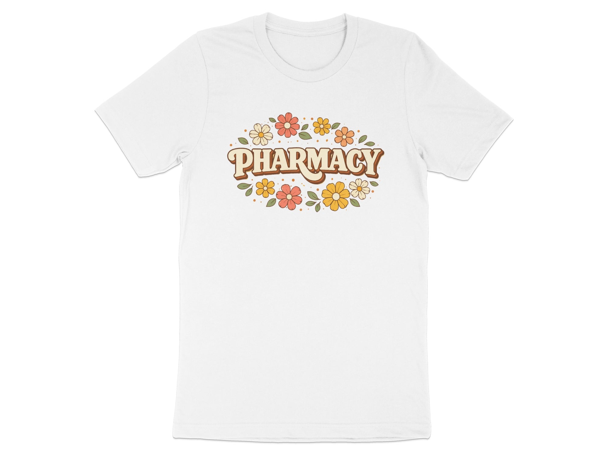 White t-shirt with "Pharmacy" in retro floral text.