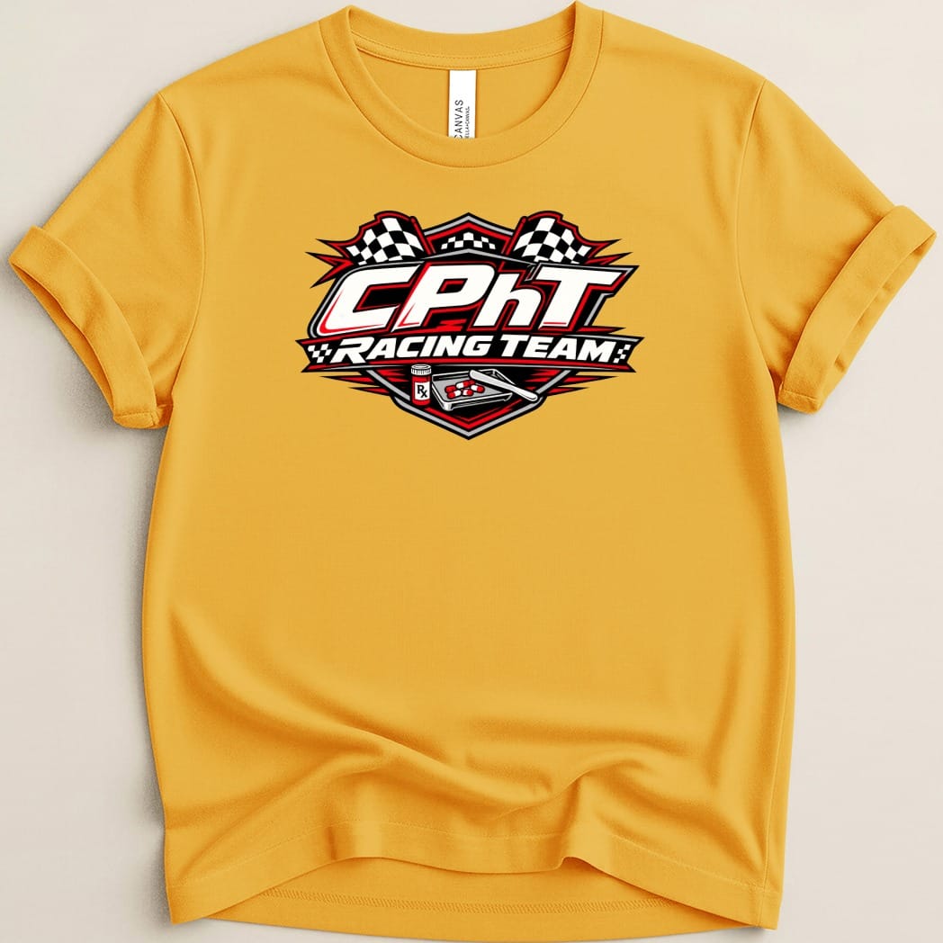Yellow t-shirt with CPHT Racing Team logo featuring checkered flags and prescription items.