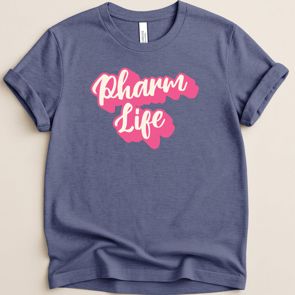 Navy t-shirt with "Pharm Life" in pink script text.