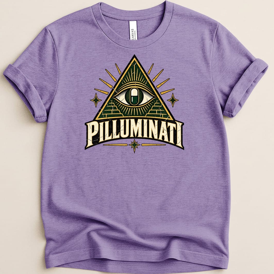 Purple t-shirt with an all-seeing eye inside a pyramid and the text "PILLUMINATI".
