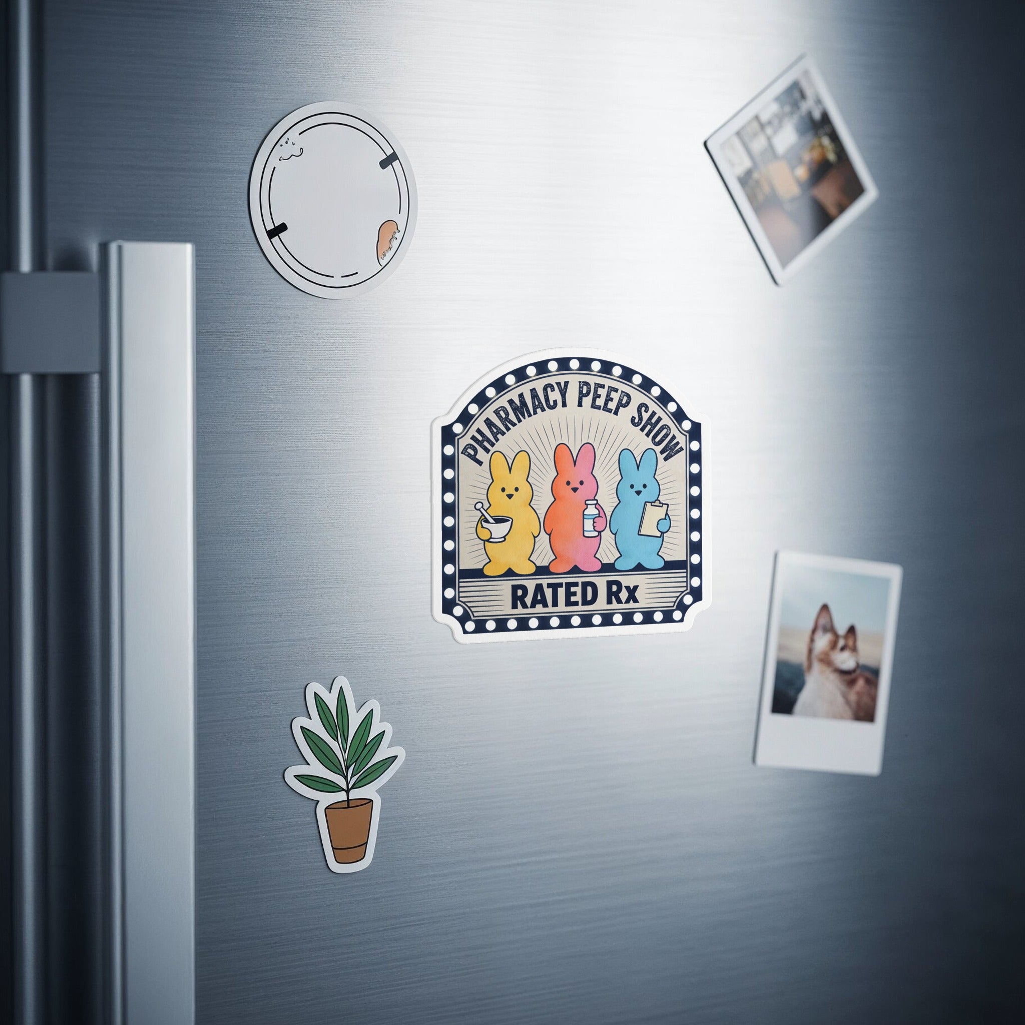 Pharmacy Peep Show sticker with three colorful bunnies on a refrigerator.
