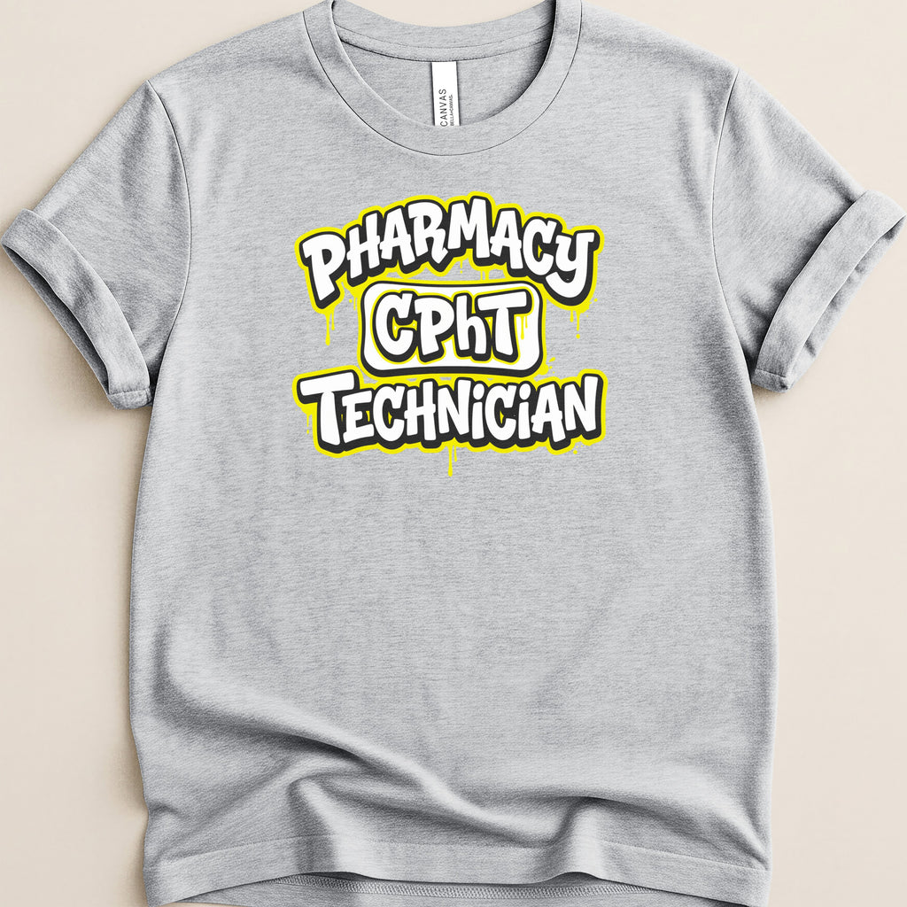 Gray t-shirt with "Pharmacy CPHT Technician" in yellow and white stylized text.