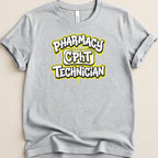 Gray t-shirt with "Pharmacy CPHT Technician" in yellow and white stylized text.