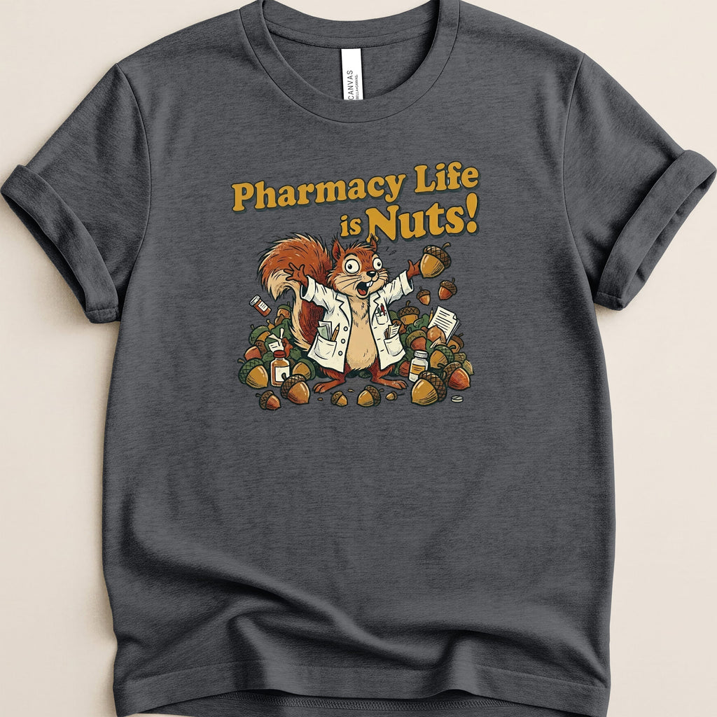 Squirrel in lab coat holding pills, surrounded by acorns and the text "Pharmacy Life is Nuts!".