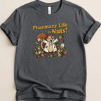 Squirrel in lab coat holding pills, surrounded by acorns and the text "Pharmacy Life is Nuts!".