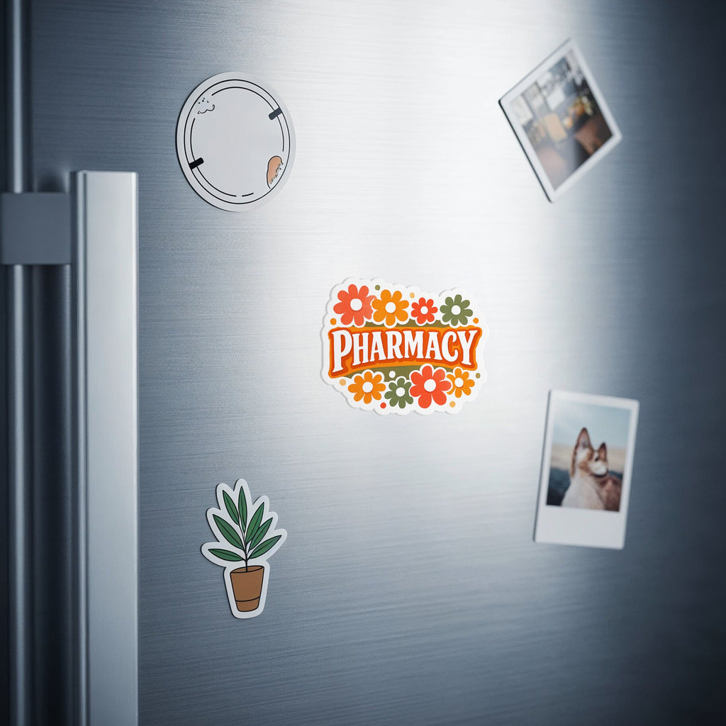Floral "Pharmacy" text sticker with plant and photo magnets on a refrigerator.