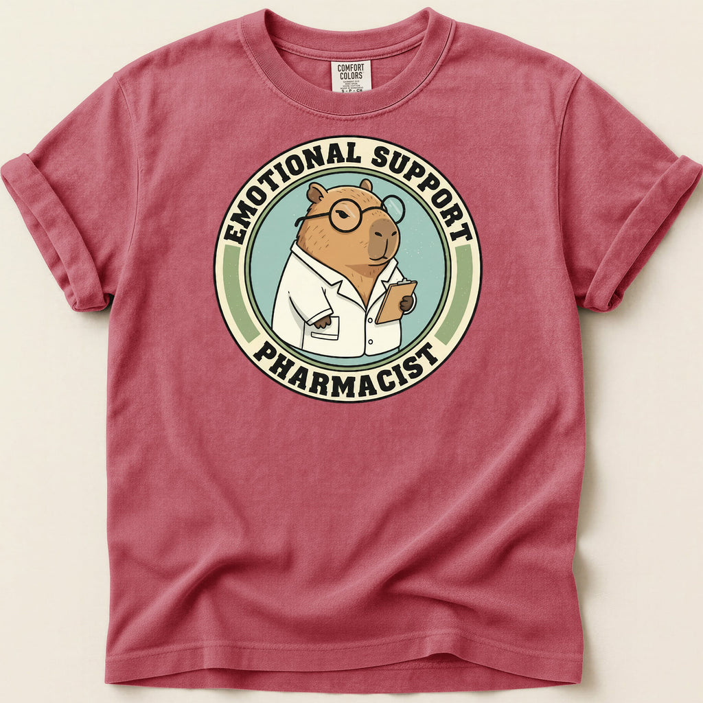 Capybara in lab coat, wearing glasses, with "Emotional Support Pharmacist" text.