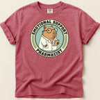 Capybara in lab coat, wearing glasses, with "Emotional Support Pharmacist" text.