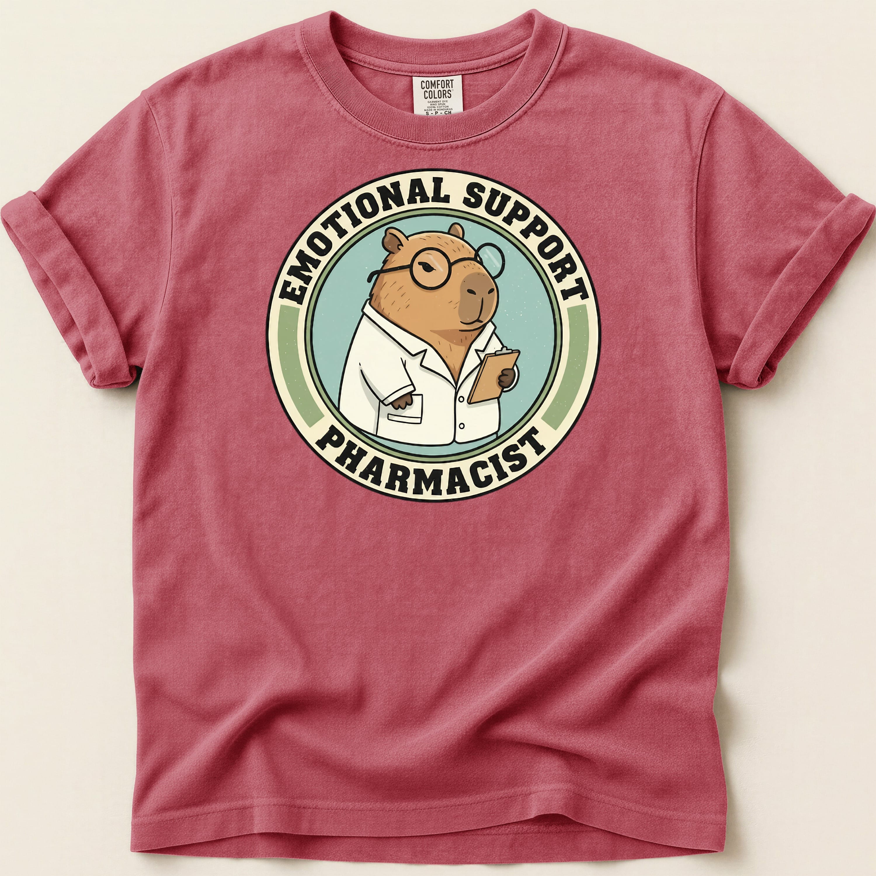 Capybara in lab coat, wearing glasses, with "Emotional Support Pharmacist" text.