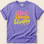 Purple t-shirt with "Live Laugh Lexapro" text and floral accents.